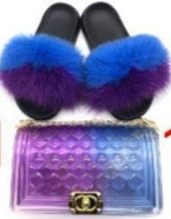 Blue/Purple Mix Fur Slides with Purse