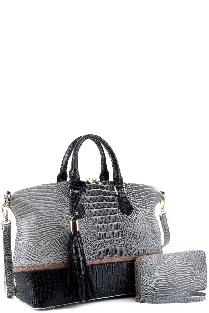 Tassel Accent 2 tone Crocodile Print Satchel Set