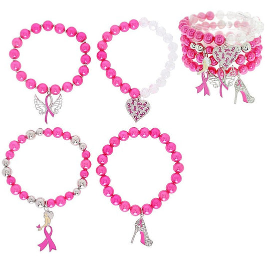 Cryatal Pink Ribbon Beaded Stackable Charm Bracelet Set