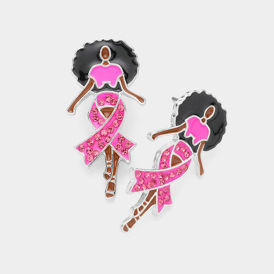 SILVER PINK RIBBON BLACK WOMAN EARRINGS (RHPK ) 2220