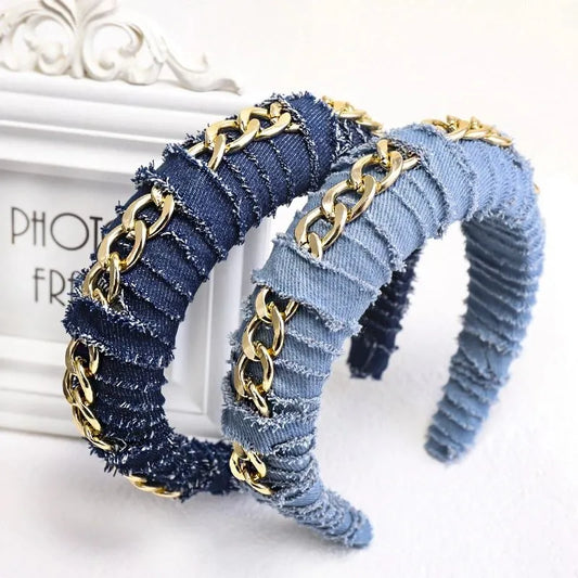 Denim Headband with Chain