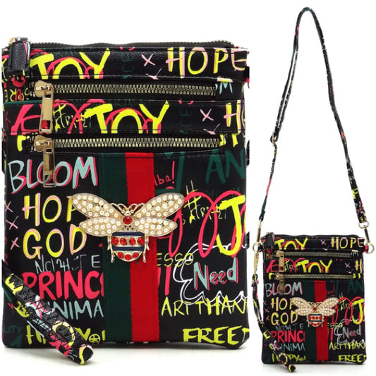 Queen Bee Stripe Graffiti Cross Body Bag