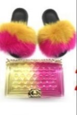 Pink and Gold Fur Slides with Purse
